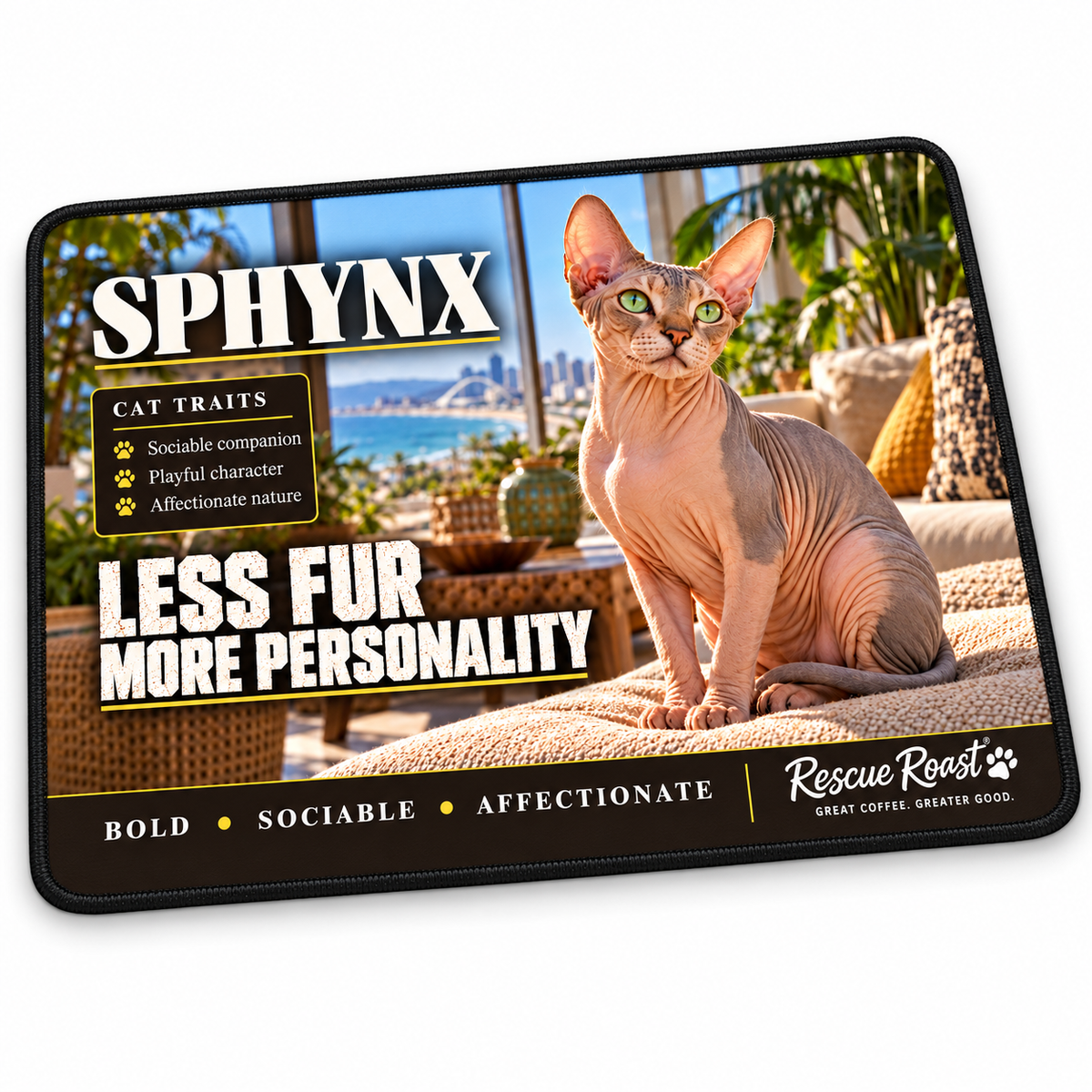 Rescue Roast Sphynx mousepad: A green-eyed Sphynx sits on a textured cushion in a sunny, plant-filled room overlooking the sea and city skyline. Printed slogan: Less Fur, More Personality.