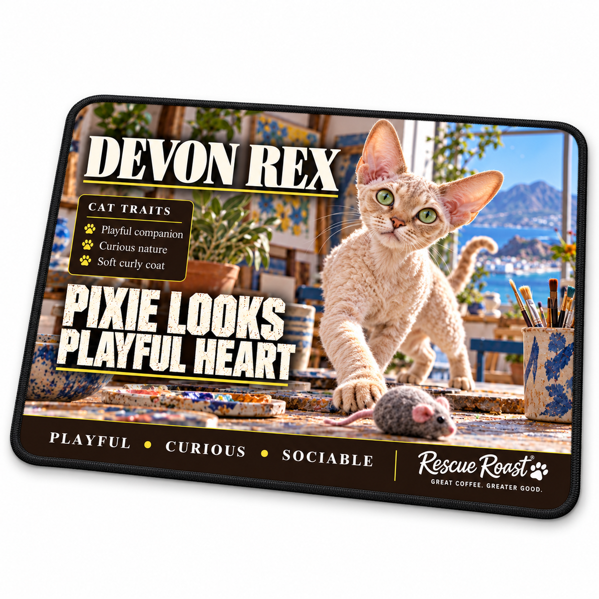 Rescue Roast Devon Rex mousepad: A curly-coated Devon Rex steps towards a toy mouse on a paint-splashed artist’s table, surrounded by brushes and plants with a coastal view. Printed slogan: Pixie Looks, Playful Heart.