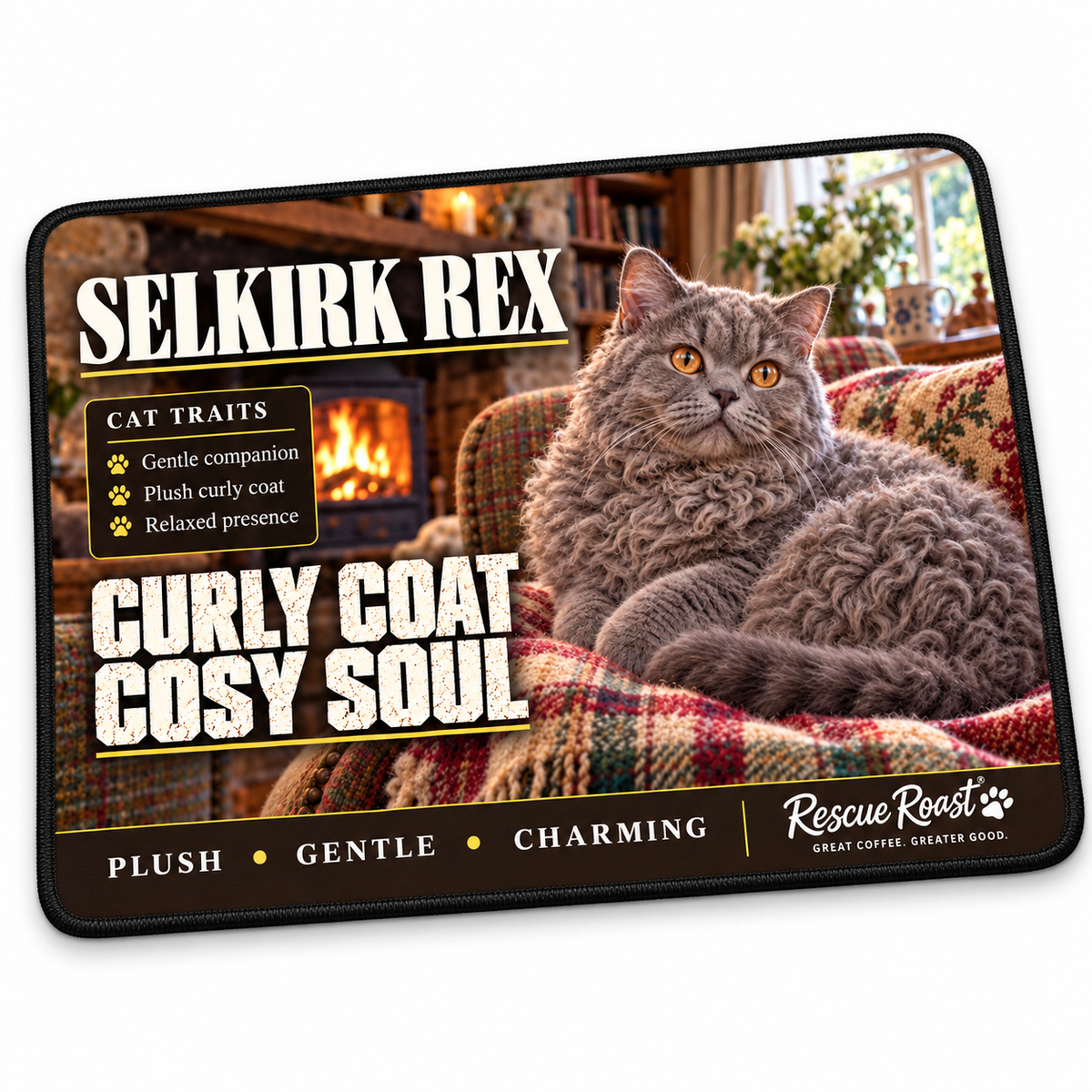 Rescue Roast Selkirk Rex mousepad: A grey, curly-coated Selkirk Rex rests on a plaid blanket in a cosy room beside a glowing fireplace and bookshelves. Printed slogan: Curly Coat, Cosy Soul.