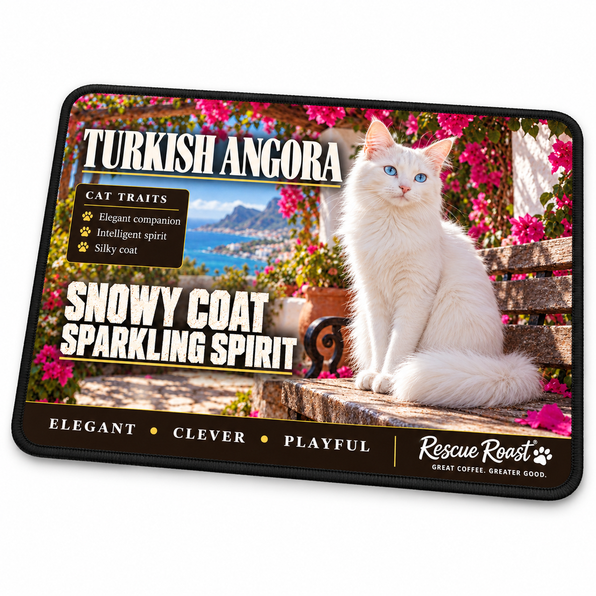Rescue Roast Turkish Angora mousepad: A white, blue-eyed Turkish Angora sits on a rustic garden bench beneath pink bougainvillea, overlooking a sunny coastal bay. Printed slogan: Snowy Coat, Sparkling Spirit.