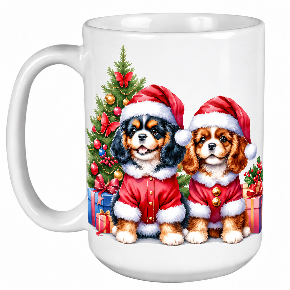 Rescue Roast® 450ml white Christmas mug featuring a Cavalier beside a decorated Christmas tree