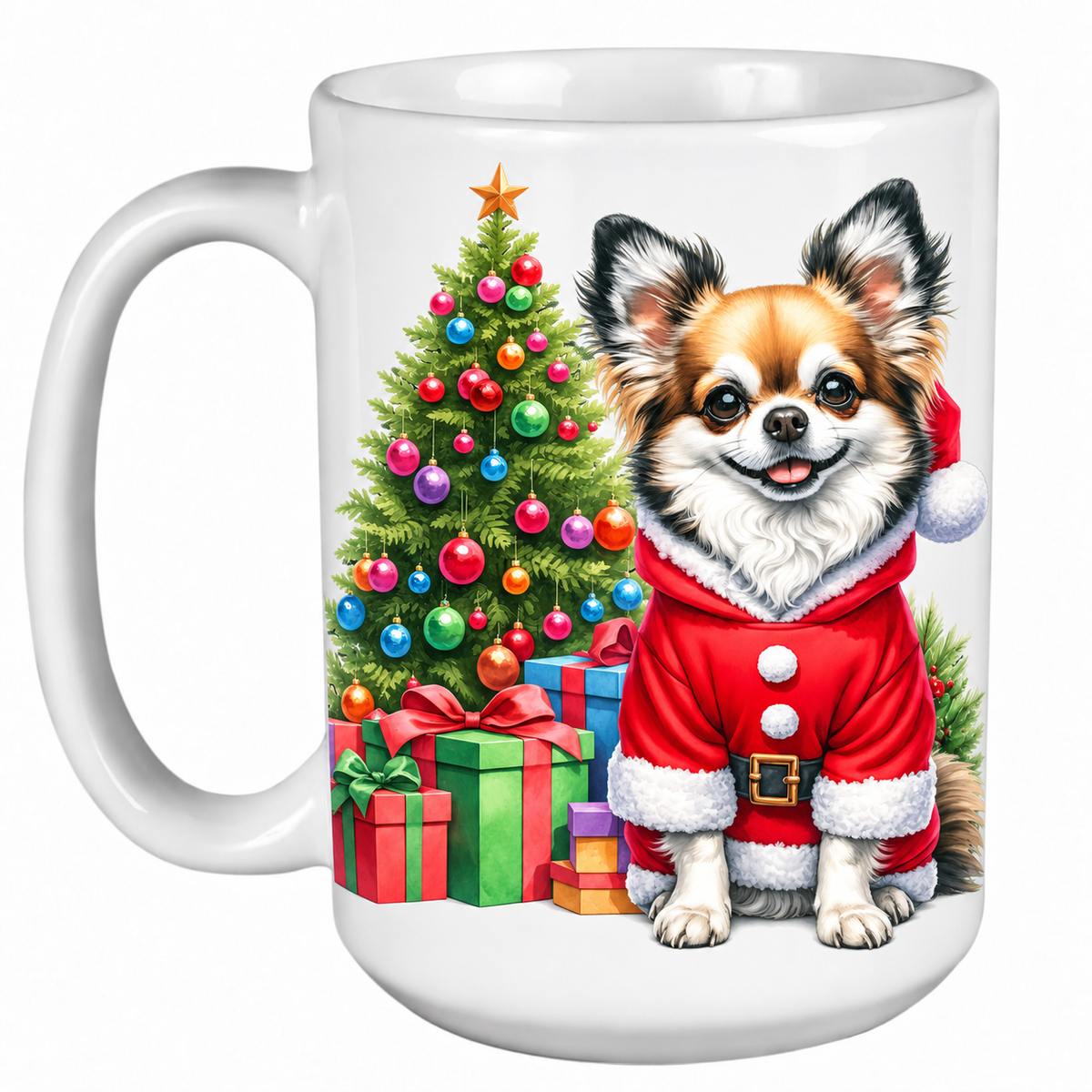 Rescue Roast® 450ml white Christmas mug featuring a Chihuahua beside a decorated Christmas tree
