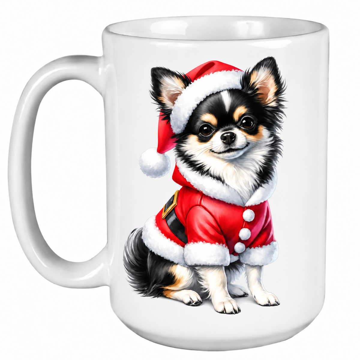 Rescue Roast® 450ml white Christmas mug featuring a Chihuahua dressed as Santa’s little helper
