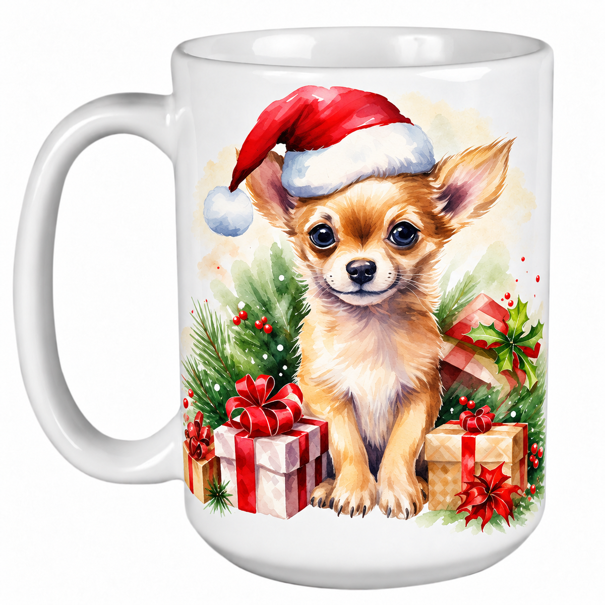 Rescue Roast® 450ml white Christmas mug featuring a Chihuahua in a Santa hat surrounded by Christmas presents