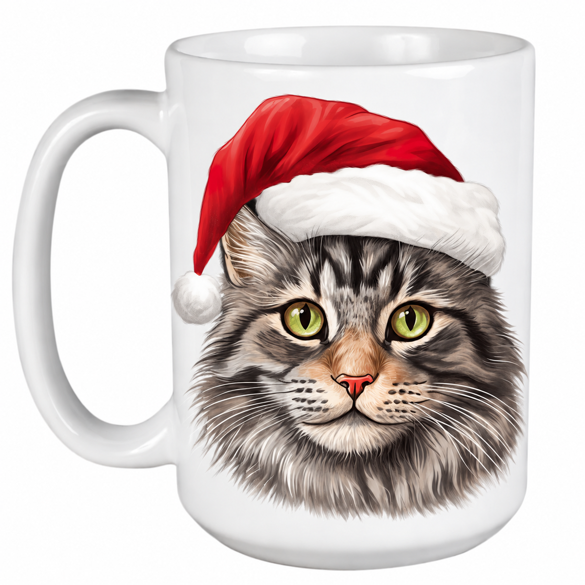 Rescue Roast® 450ml white Christmas mug featuring a American Bobtail Cat in a festive Santa hat