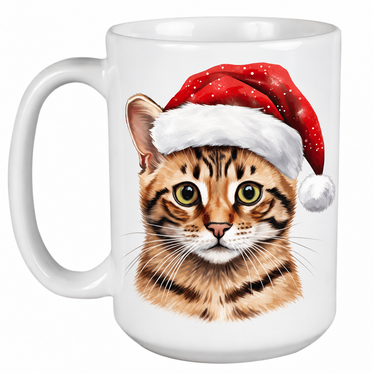 Rescue Roast® 450ml white Christmas mug featuring a Bengal Cat in a festive Santa hat
