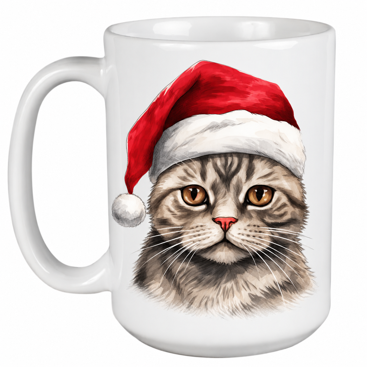 Rescue Roast® 450ml white Christmas mug featuring a Brazilian Shorthair Cat in a festive Santa hat