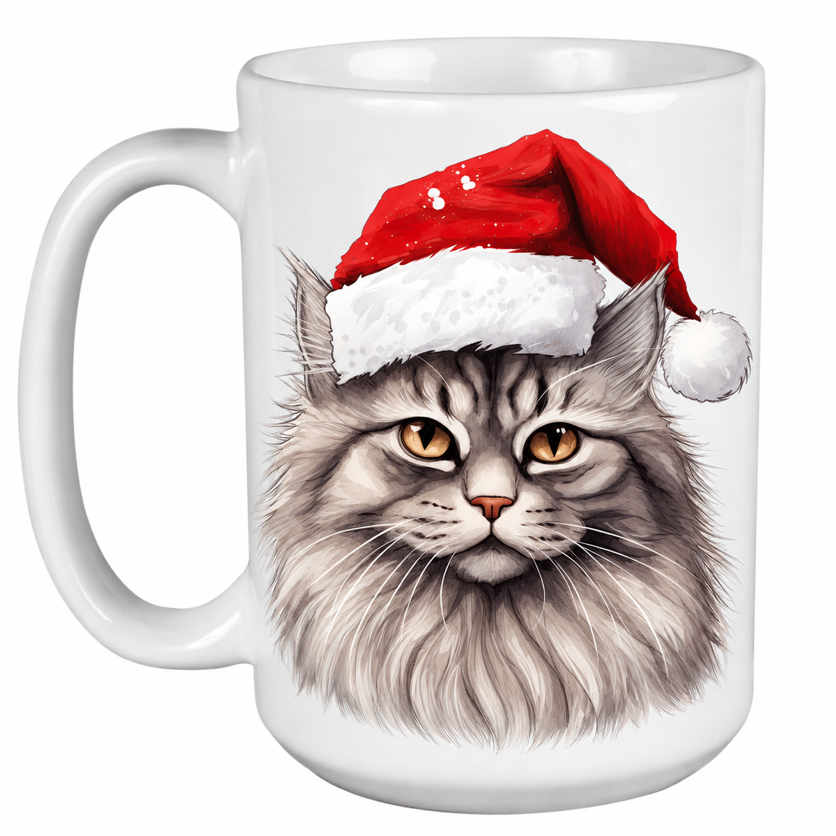 Rescue Roast® 450ml white Christmas mug featuring a British Longhair Cat in a festive Santa hat