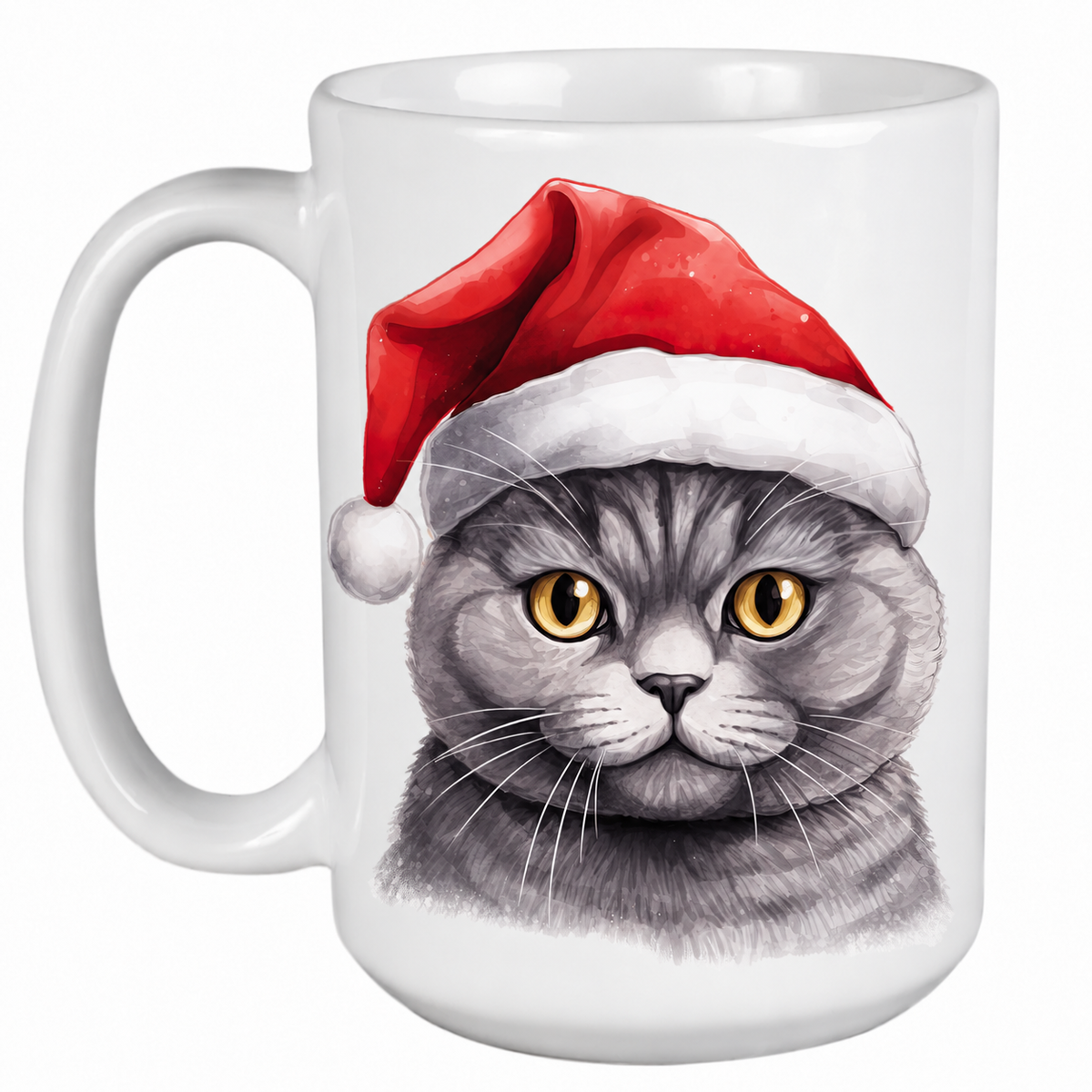 Rescue Roast® 450ml white Christmas mug featuring a British Shorthair Cat in a festive Santa hat