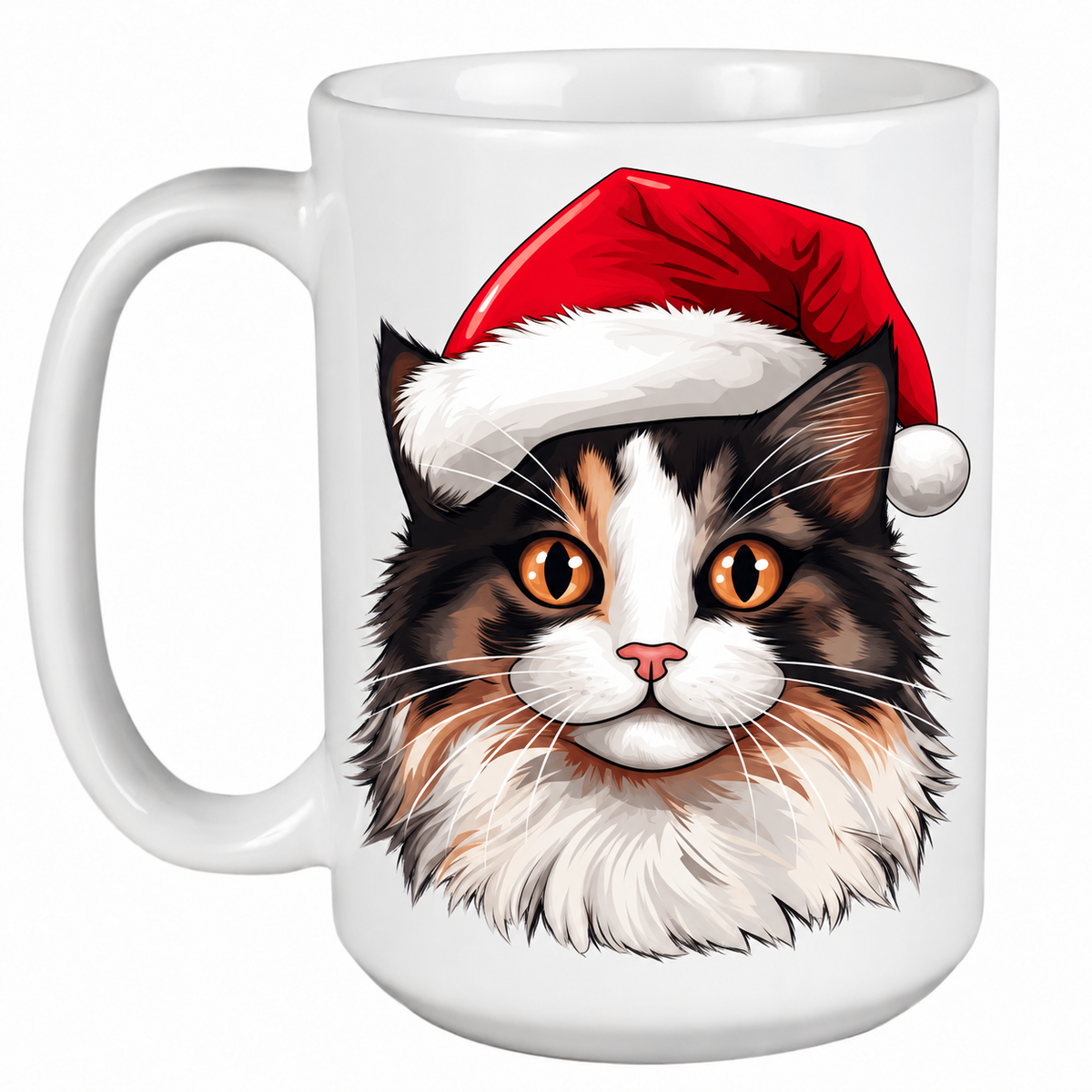 Rescue Roast® 450ml white Christmas mug featuring a Calico Cat in a festive Santa hat