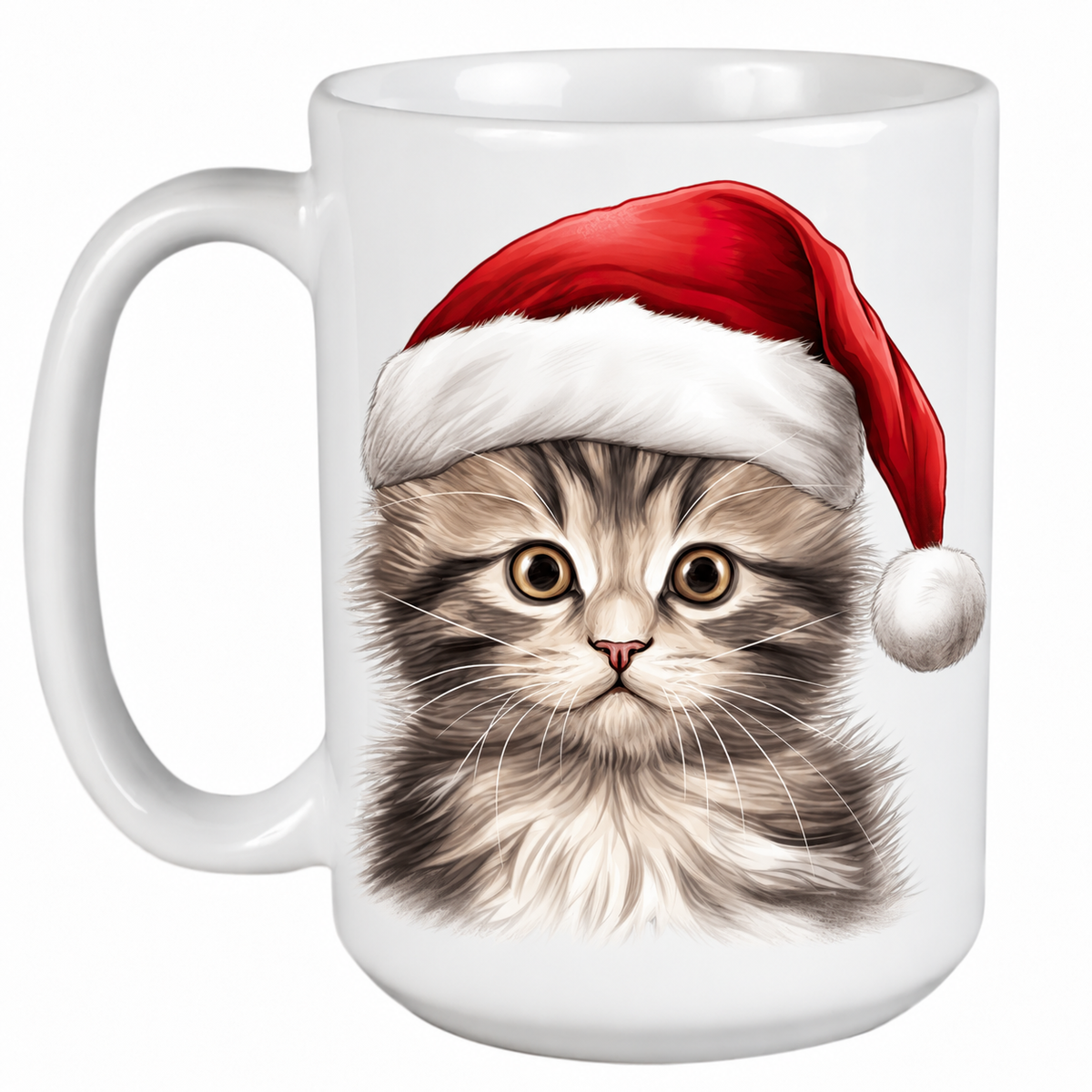 Rescue Roast® 450ml white Christmas mug featuring a California Spangled Kitten in a festive Santa hat