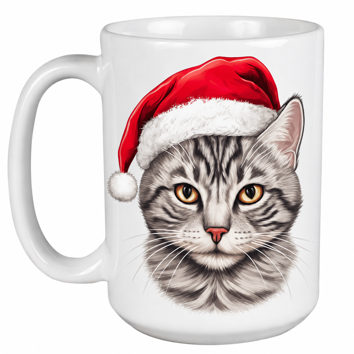 Rescue Roast® 450ml white Christmas mug featuring a Egyptian Mau Cat in a festive Santa hat