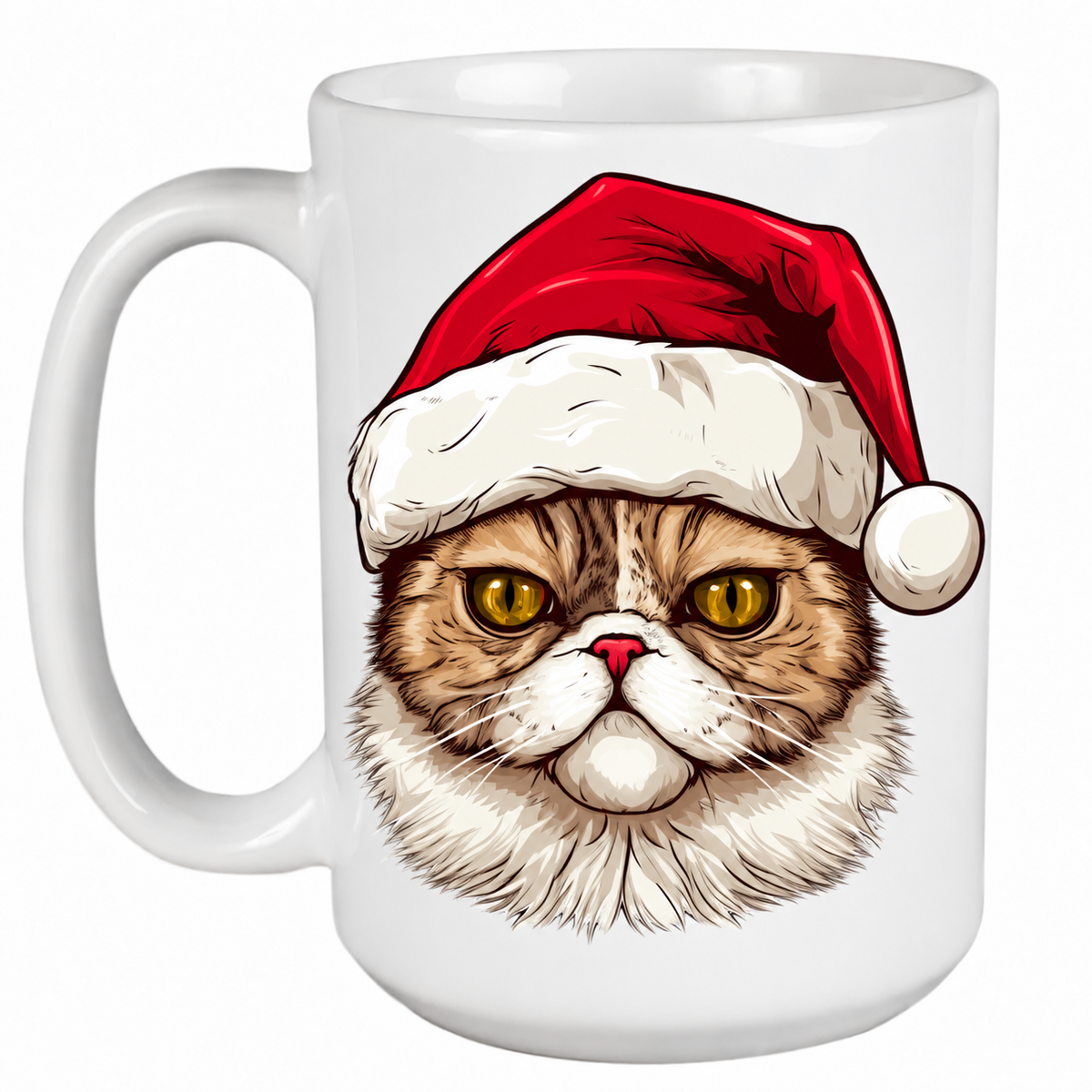 Rescue Roast® 450ml white Christmas mug featuring a Exotic Shorthair Cat in a festive Santa hat
