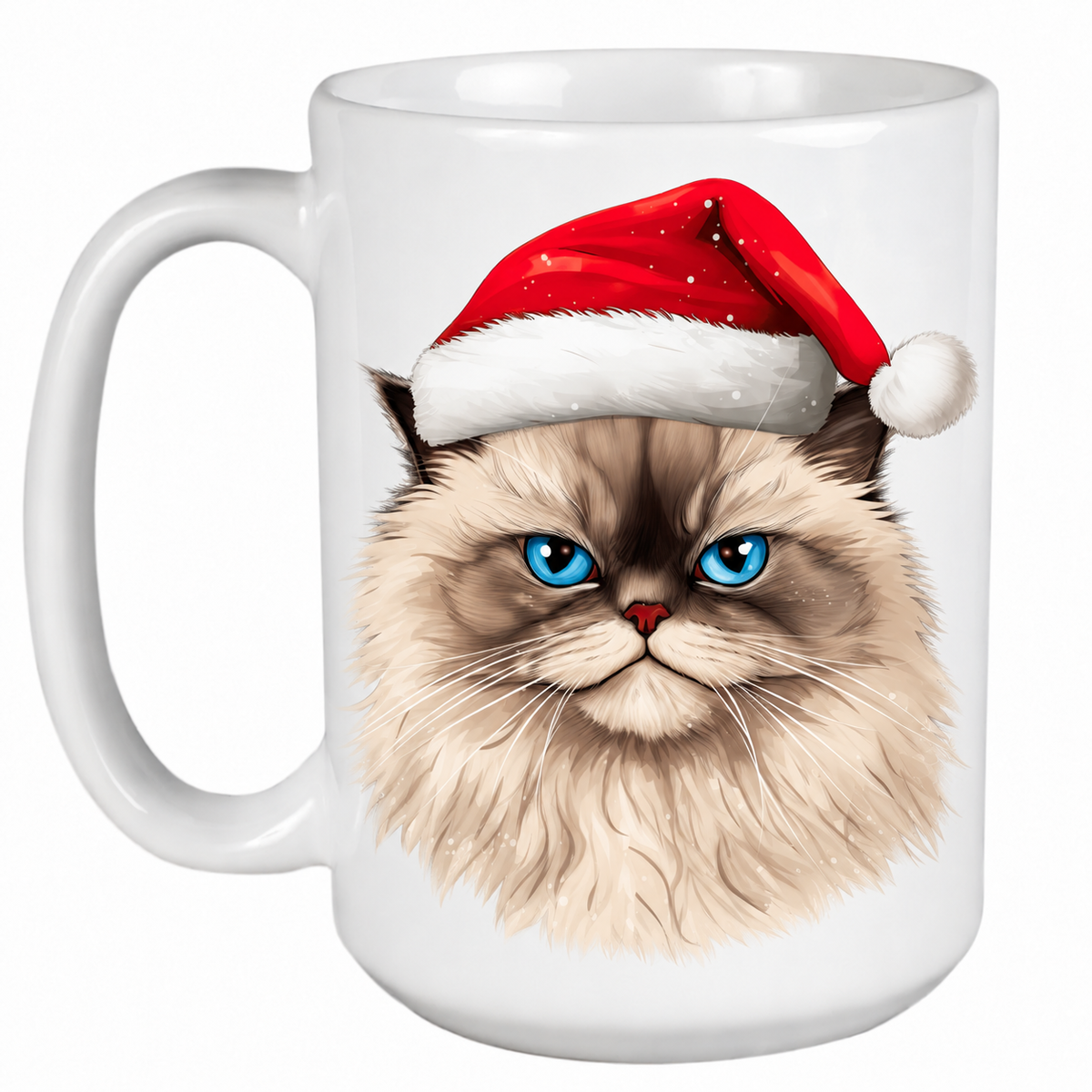 Rescue Roast® 450ml white Christmas mug featuring a Himalayan Cat in a festive Santa hat