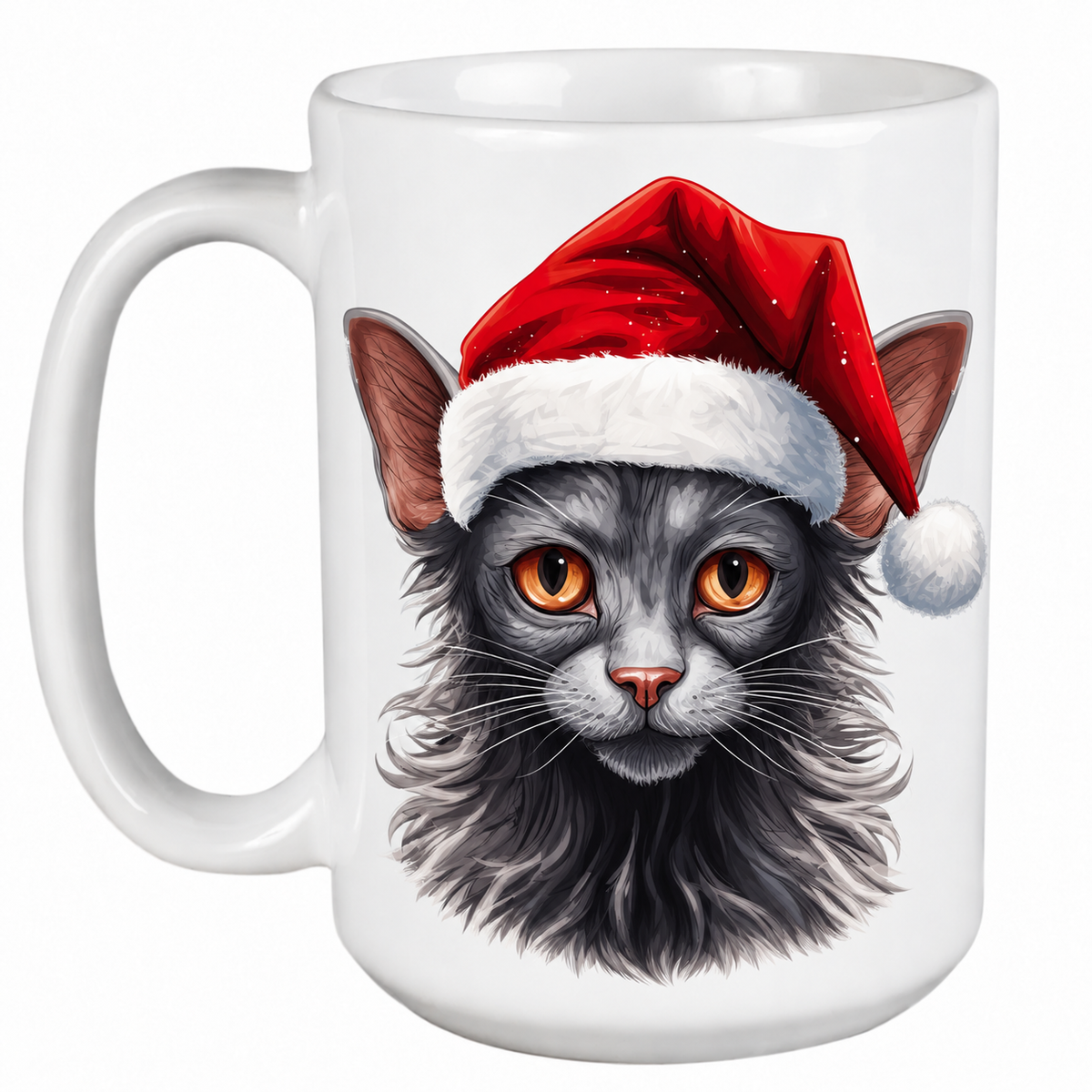 Rescue Roast® 450ml white Christmas mug featuring a Lykoi Cat in a festive Santa hat