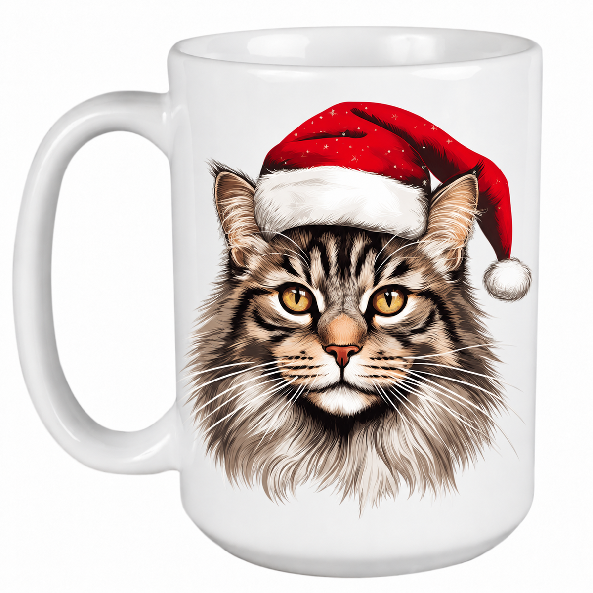Rescue Roast® 450ml white Christmas mug featuring a Maine Coon Cat in a festive Santa hat