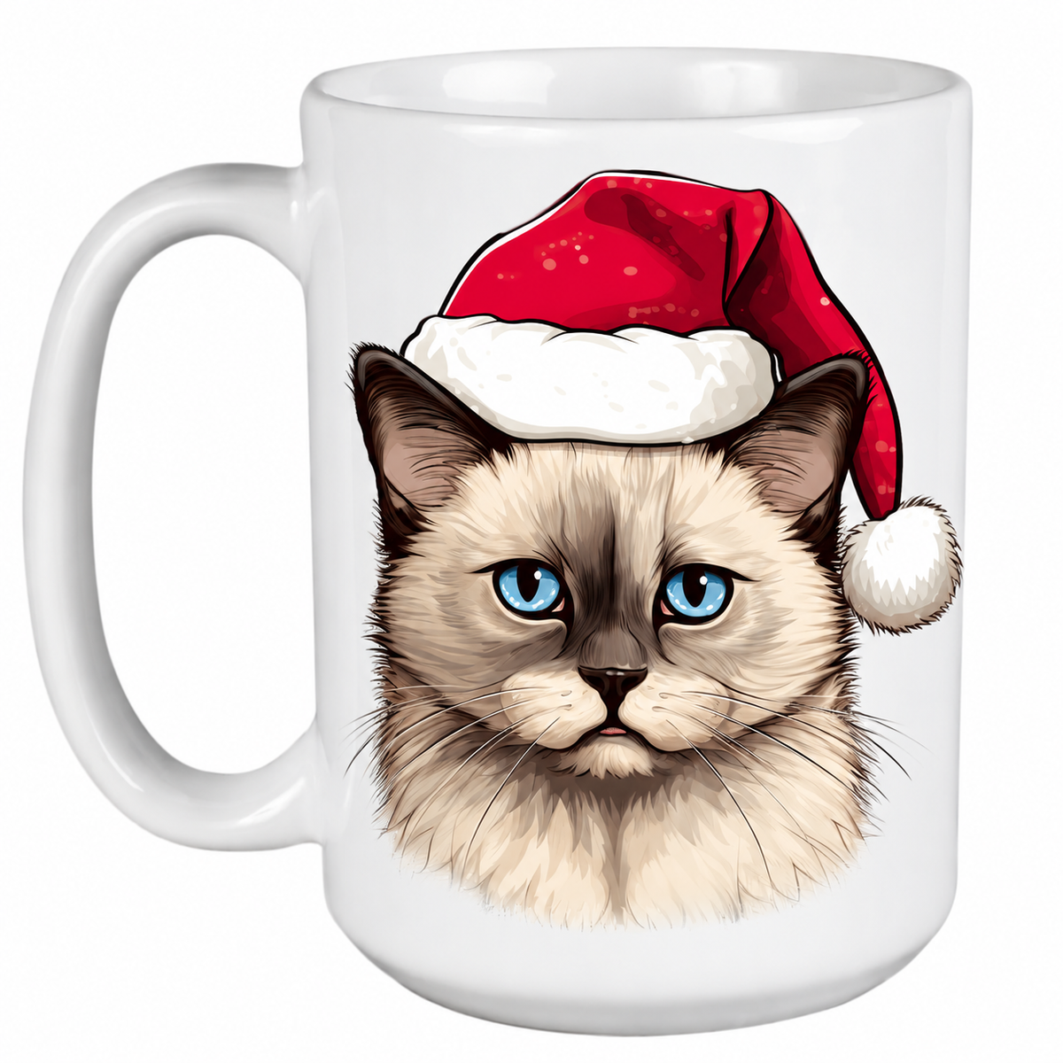 Rescue Roast® 450ml white Christmas mug featuring a Munchkin Cat in a festive Santa hat