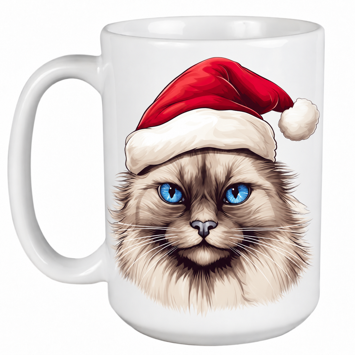 Rescue Roast® 450ml white Christmas mug featuring a Neva Masquerade Cat in a festive Santa hat