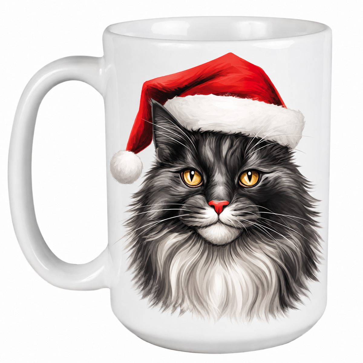Rescue Roast® 450ml white Christmas mug featuring a Norwegian Forest Cat in a festive Santa hat