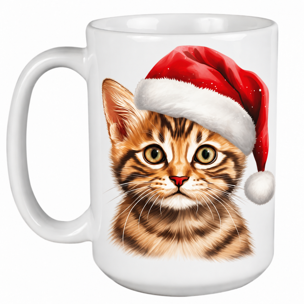 Rescue Roast® 450ml white Christmas mug featuring a Ocicat Kitten in a festive Santa hat