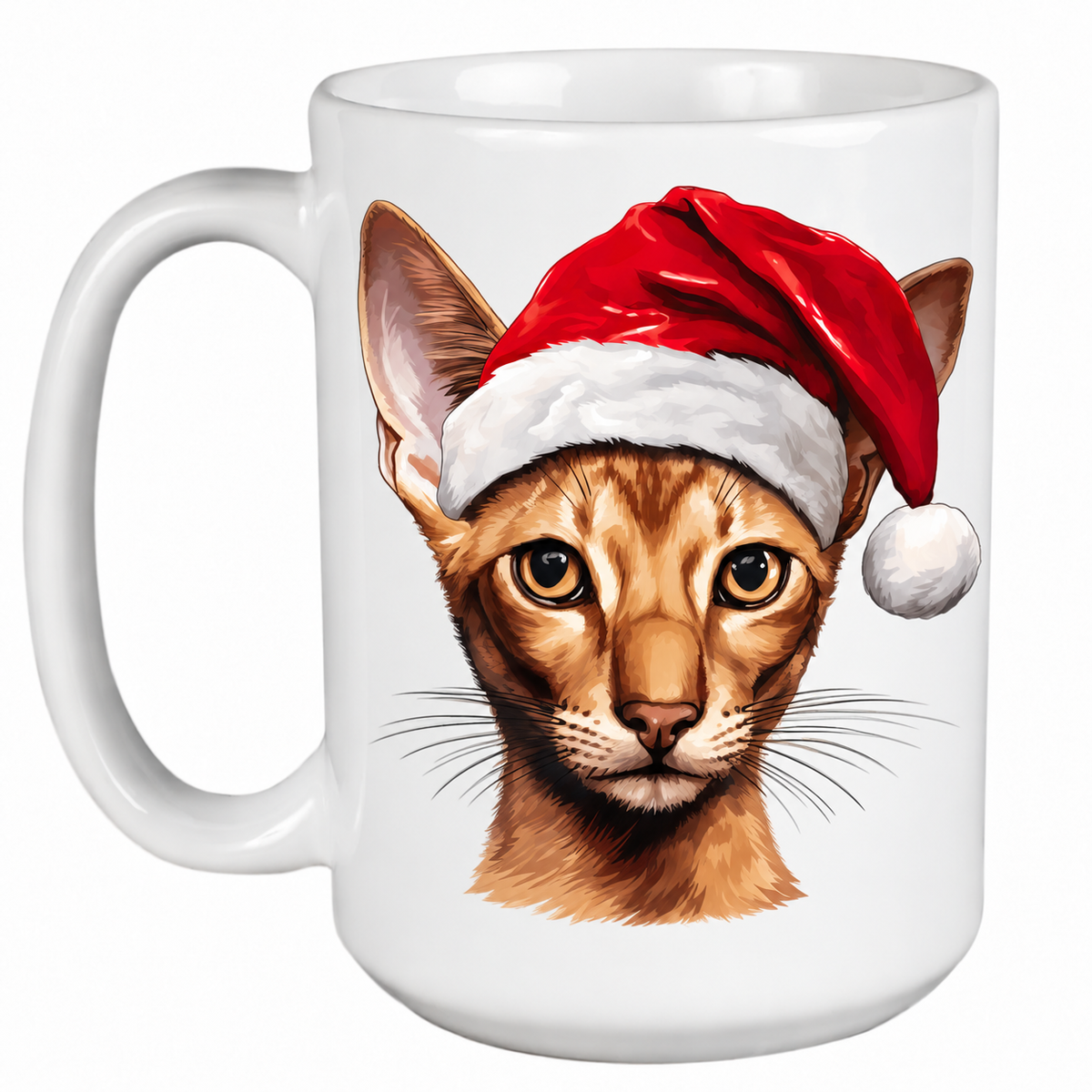 Rescue Roast® 450ml white Christmas mug featuring a Oriental Shorthair Cat in a festive Santa hat