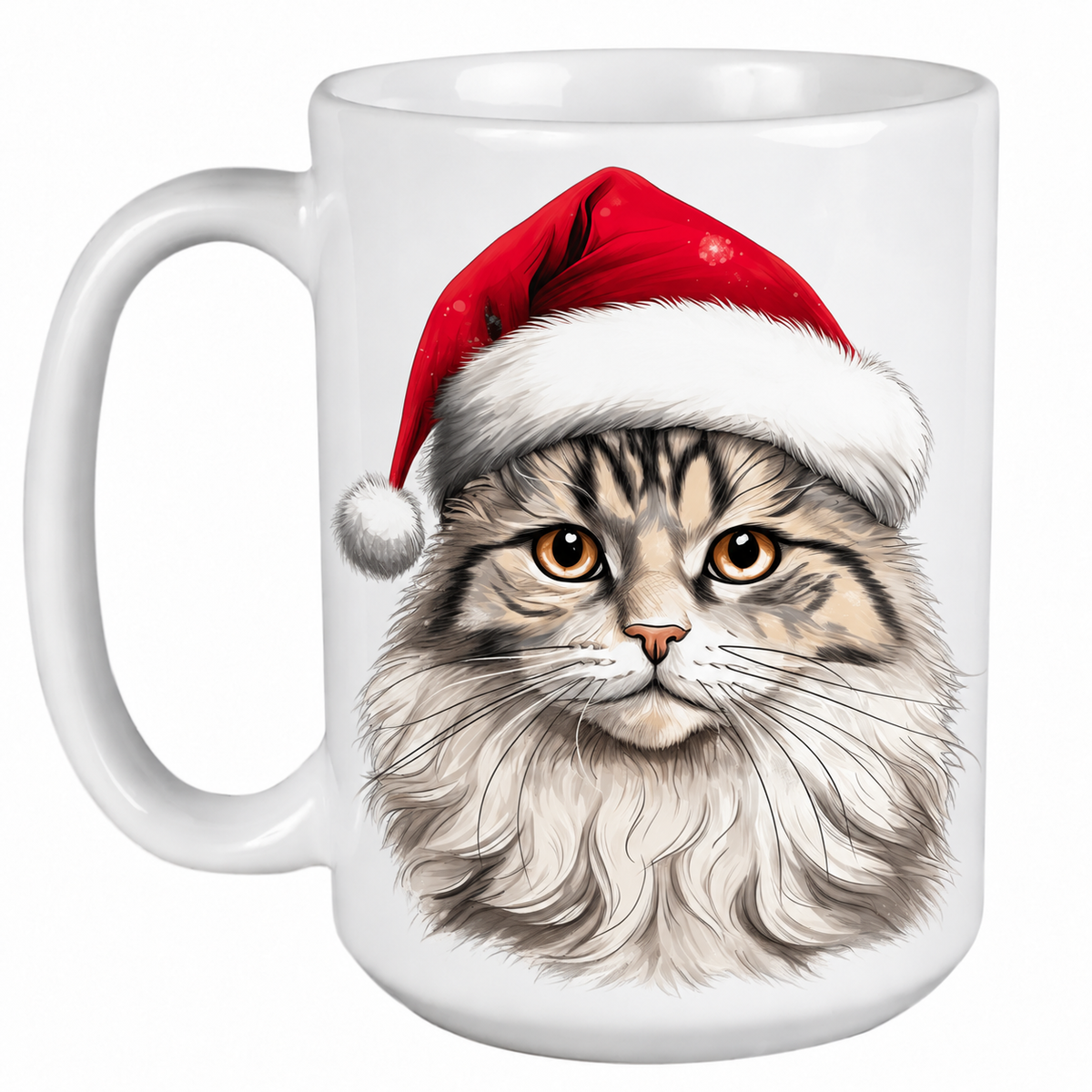 Rescue Roast® 450ml white Christmas mug featuring a Ragamuffin Cat in a festive Santa hat