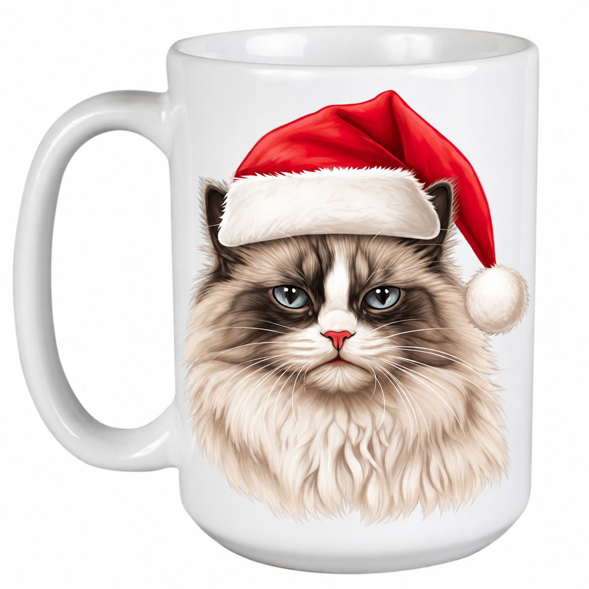 Rescue Roast® 450ml white Christmas mug featuring a Ragdoll Cat in a festive Santa hat