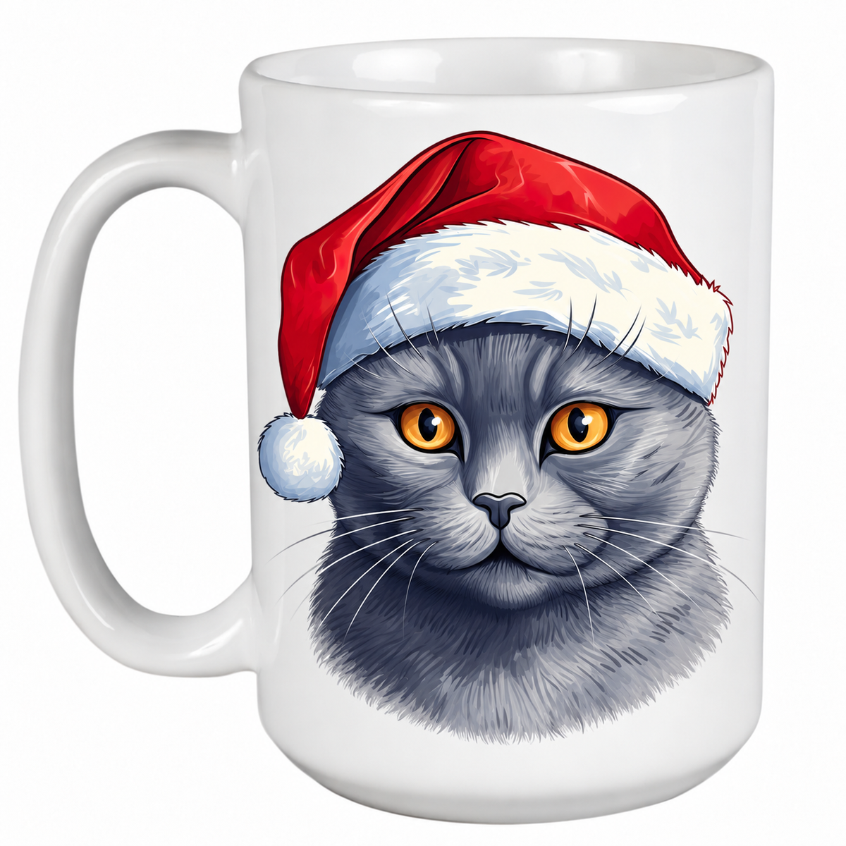 Rescue Roast® 450ml white Christmas mug featuring a Russian Blue Cat in a festive Santa hat