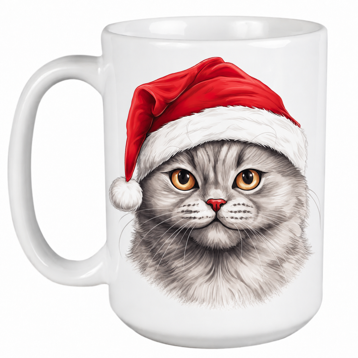 Rescue Roast® 450ml white Christmas mug featuring a Scottish Fold Cat in a festive Santa hat