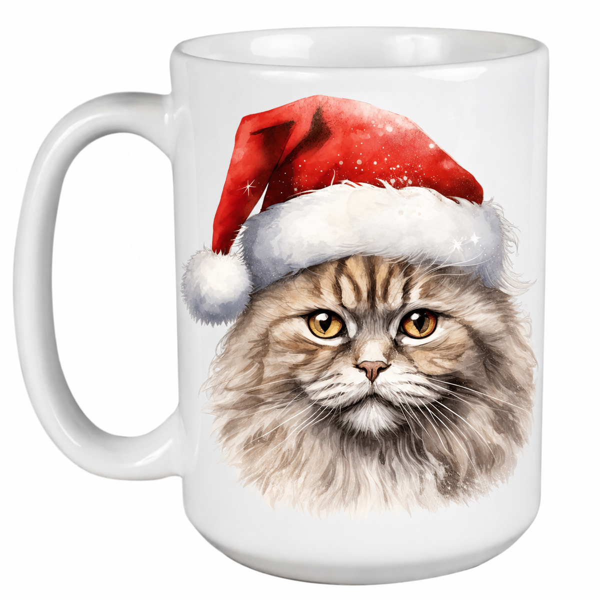 Rescue Roast® 450ml white Christmas mug featuring a Selkirk Rex Cat in a festive Santa hat