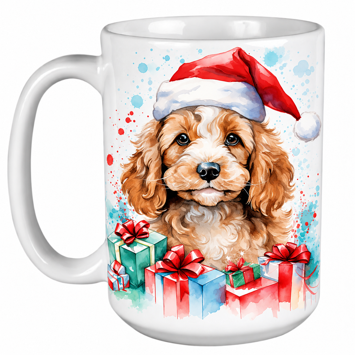 Rescue Roast® 450ml white Christmas mug featuring a Cockapoo in a Santa hat surrounded by Christmas presents