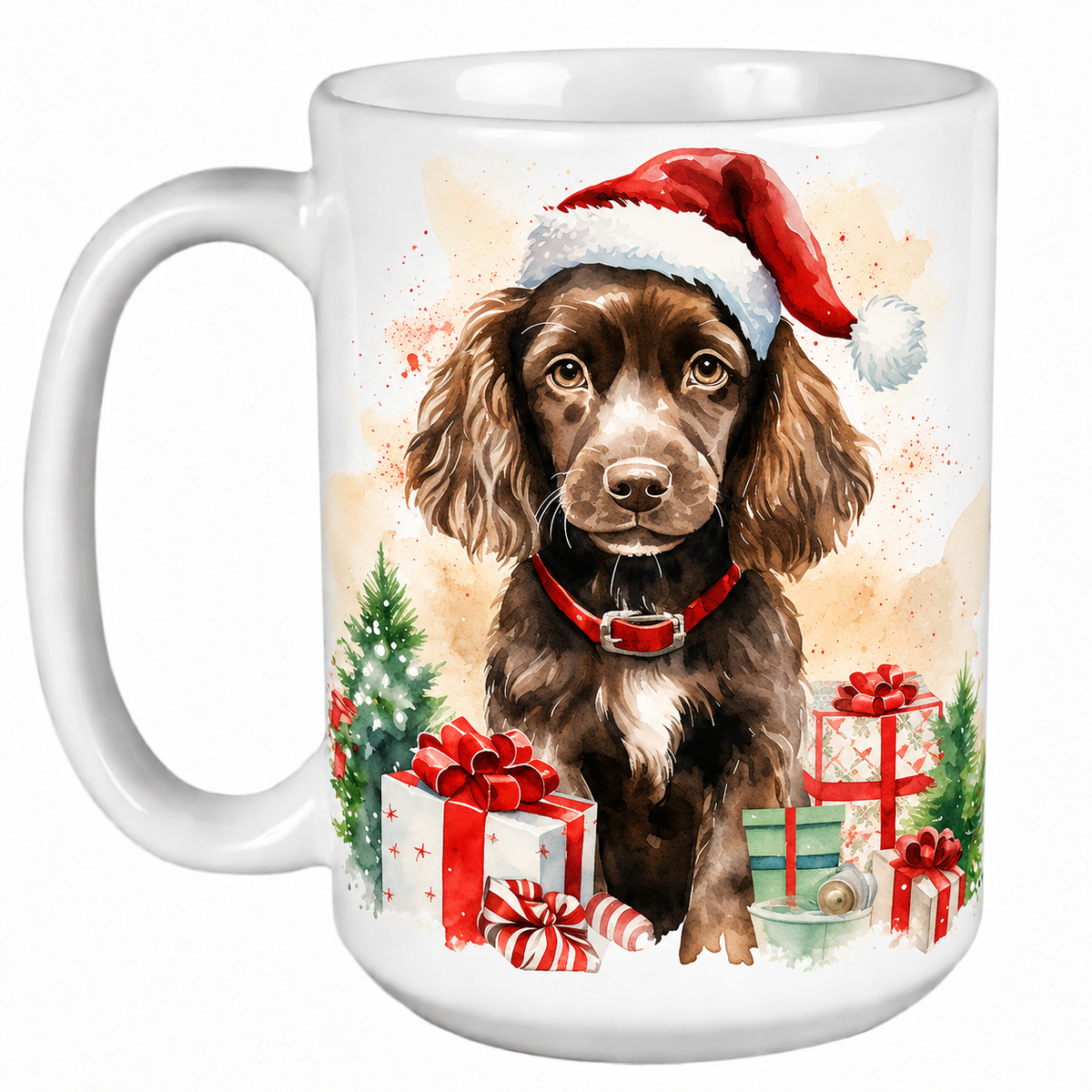 Rescue Roast® 450ml white Christmas mug featuring a Cocker Spaniel in a Santa hat surrounded by Christmas presents