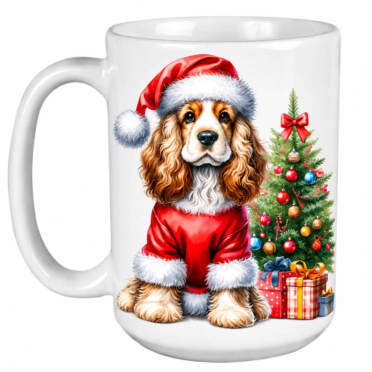 Rescue Roast® 450ml white Christmas mug featuring a Cocker Spaniel beside a decorated Christmas tree
