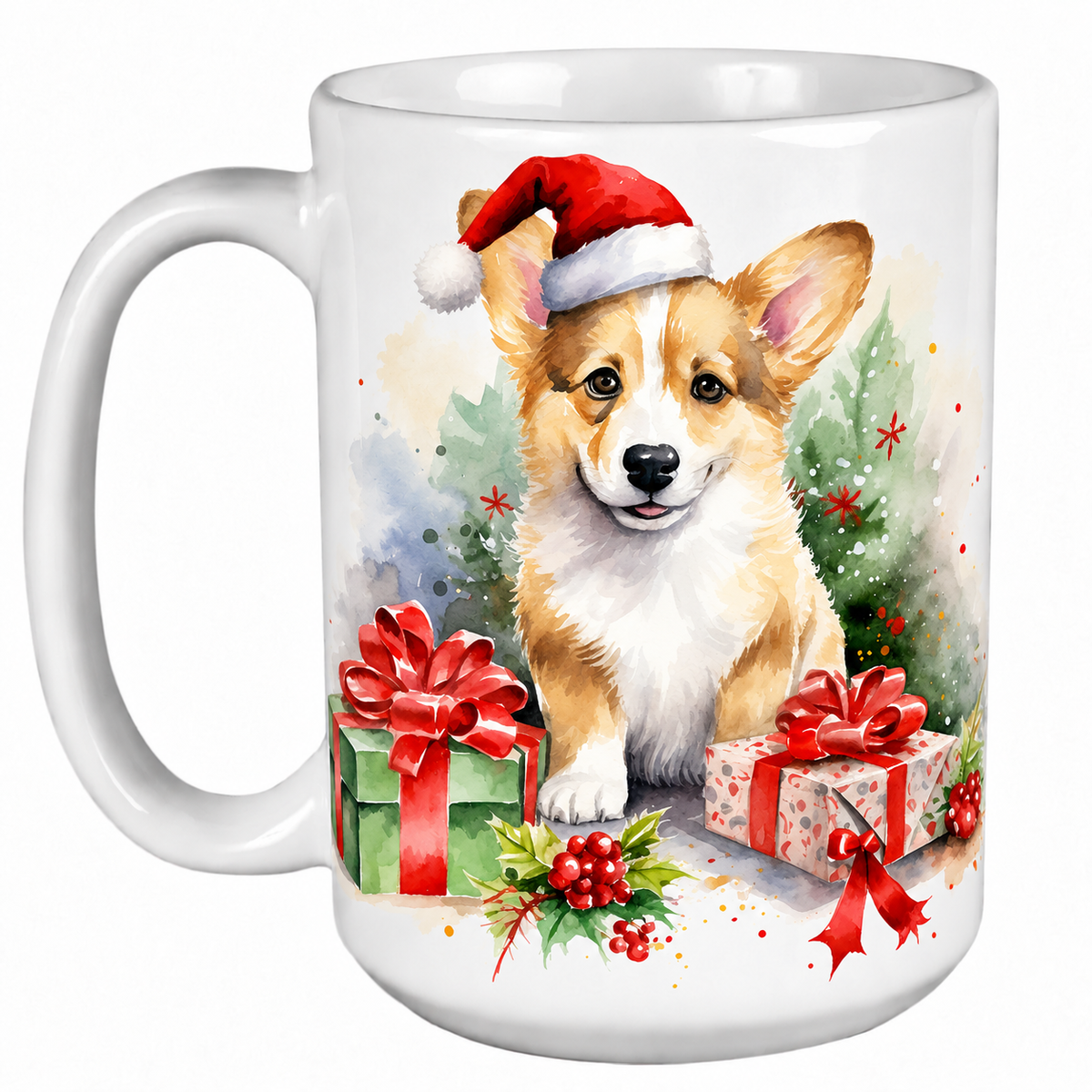 Rescue Roast® 450ml white Christmas mug featuring a Corgi in a Santa hat surrounded by Christmas presents
