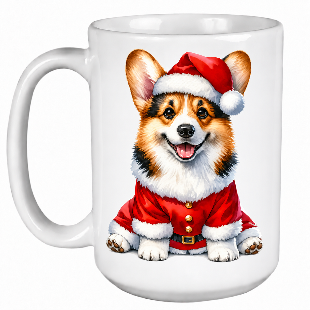 Rescue Roast® 450ml white Christmas mug featuring a Corgi dressed as Santa’s little helper