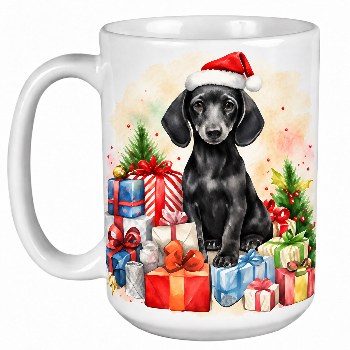 Rescue Roast® 450ml white Christmas mug featuring a Dachshund in a Santa hat surrounded by Christmas presents