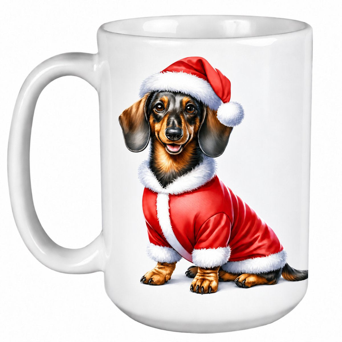 Rescue Roast® 450ml white Christmas mug featuring a Dachshund dressed as Santa’s little helper