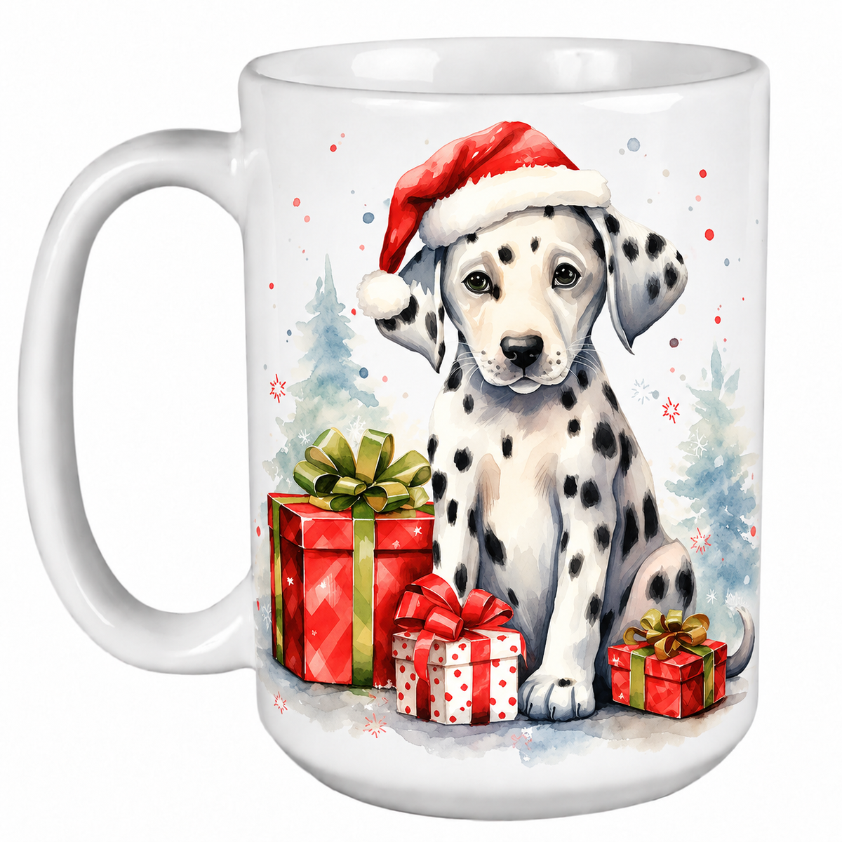 Rescue Roast® 450ml white Christmas mug featuring a Dalmatian in a Santa hat surrounded by Christmas presents