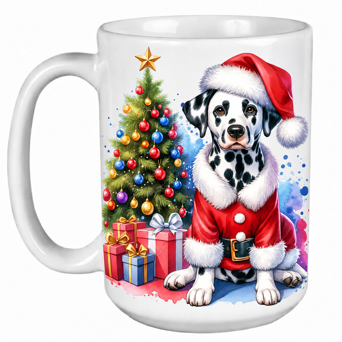 Rescue Roast® 450ml white Christmas mug featuring a Dalmatian beside a decorated Christmas tree