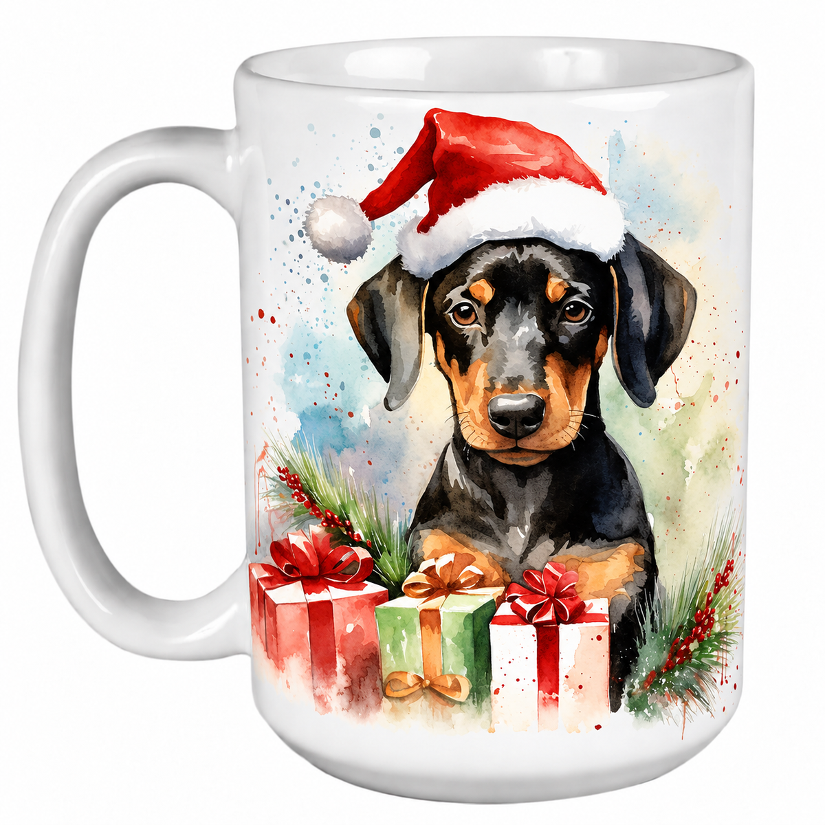 Rescue Roast® 450ml white Christmas mug featuring a Doberman in a Santa hat surrounded by Christmas presents