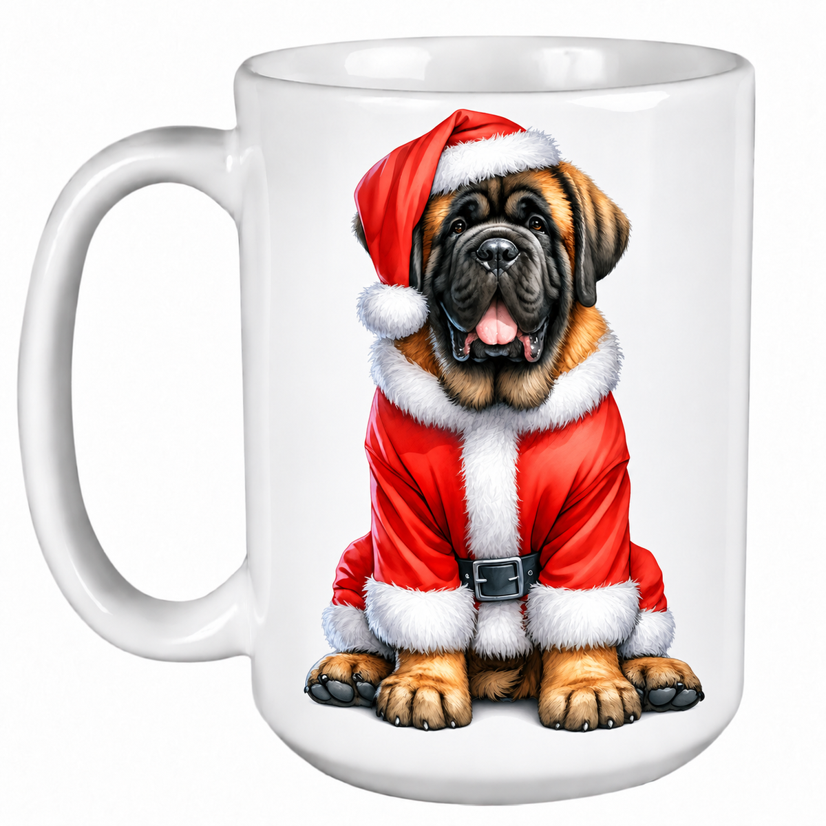 Rescue Roast® 450ml white Christmas mug featuring a English Mastiff dressed as Santa’s little helper