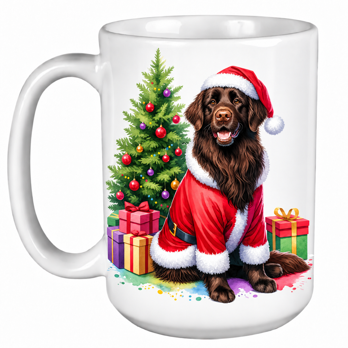 Rescue Roast® 450ml white Christmas mug featuring a Flat Coated Retriever beside a decorated Christmas tree