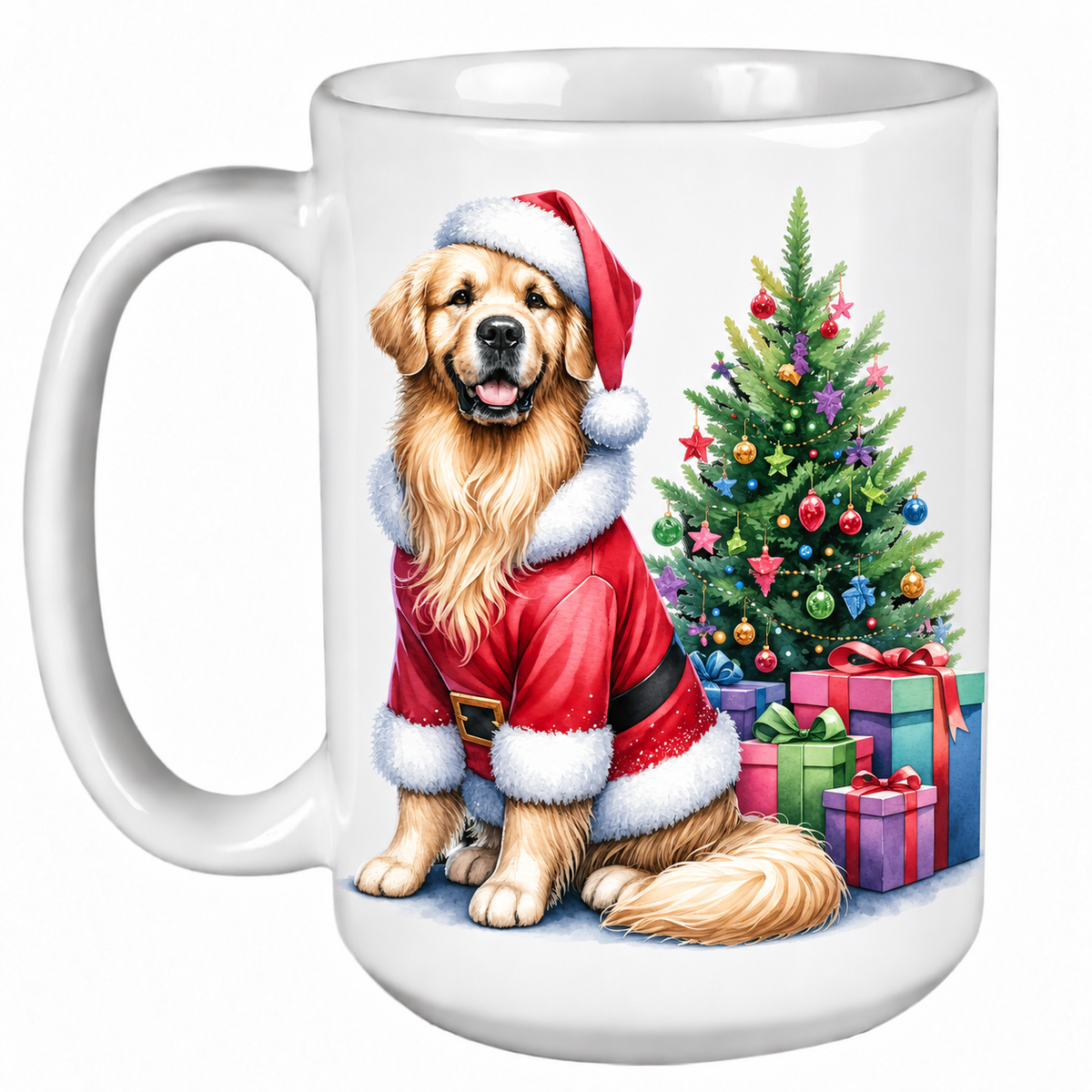 Rescue Roast® 450ml white Christmas mug featuring a Flat Coated Retriever beside a decorated Christmas tree
