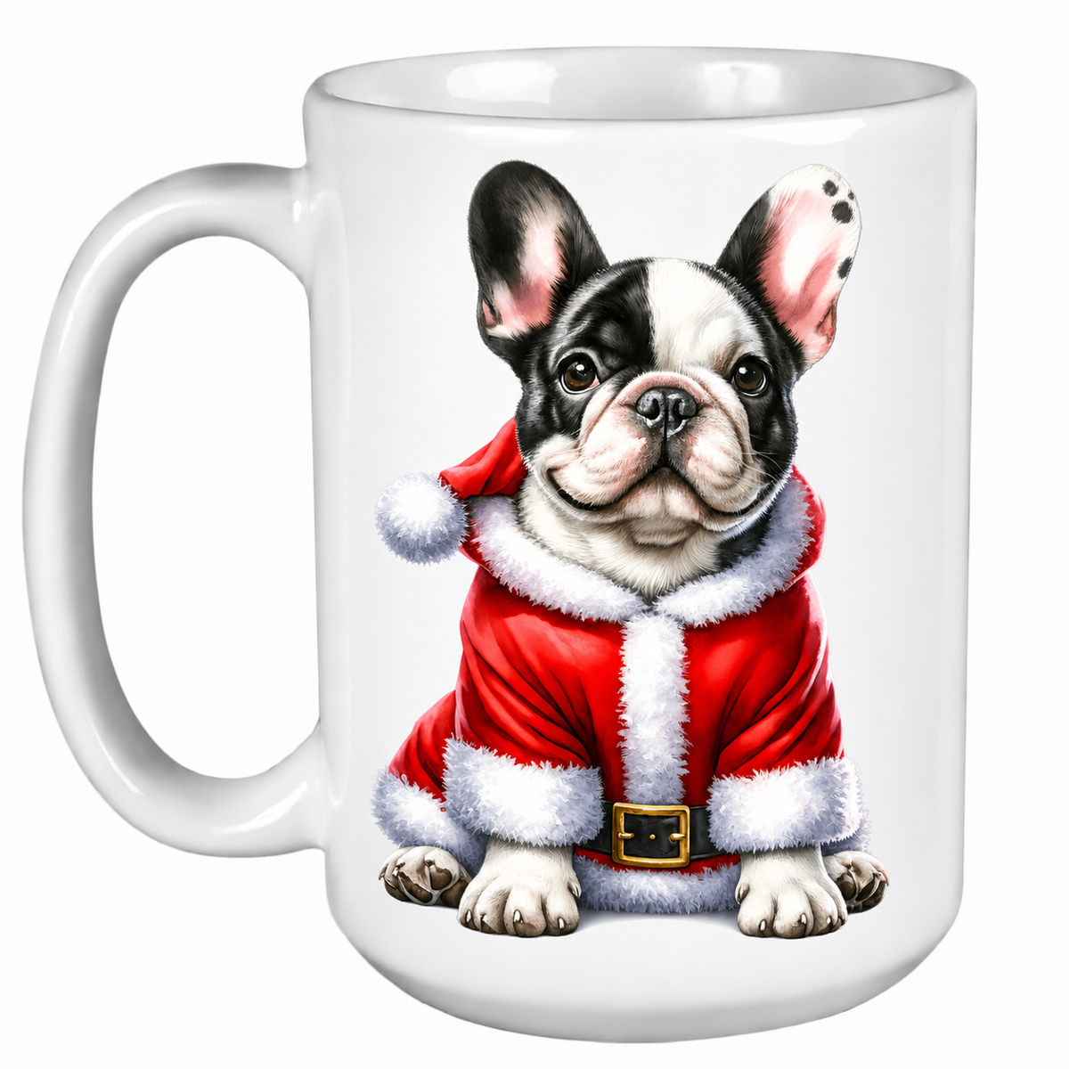 Rescue Roast® 450ml white Christmas mug featuring a French Bulldog dressed as Santa’s little helper