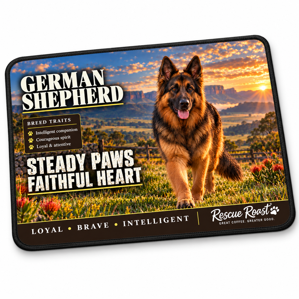 Rescue Roast® German Shepherd mousepad: Long-haired German Shepherd walking across farmland at sunset, with the words “Steady Paws, Faithful Heart”