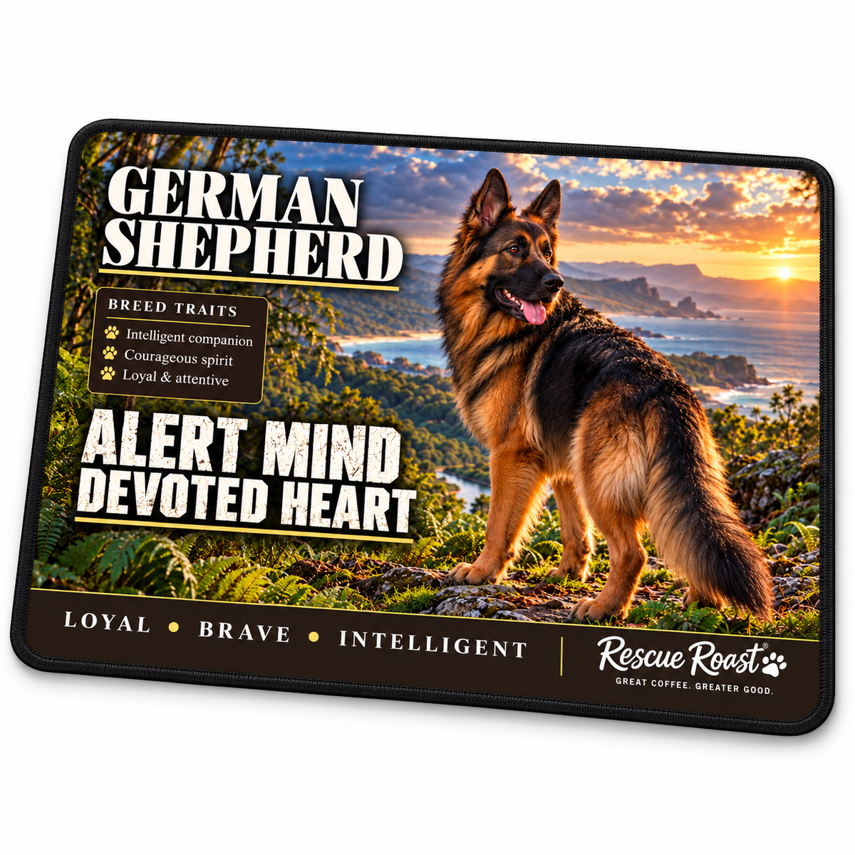 Rescue Roast® German Shepherd mousepad: German Shepherd looking back from a leafy coastal trail, with the words “Alert Mind, Devoted Heart”