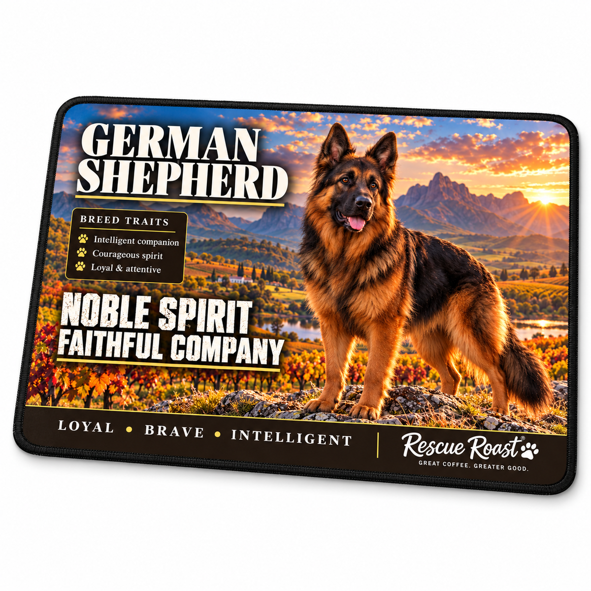 Rescue Roast® German Shepherd mousepad: Long-haired German Shepherd standing above an autumn vineyard, with the words “Noble Spirit, Faithful Company”
