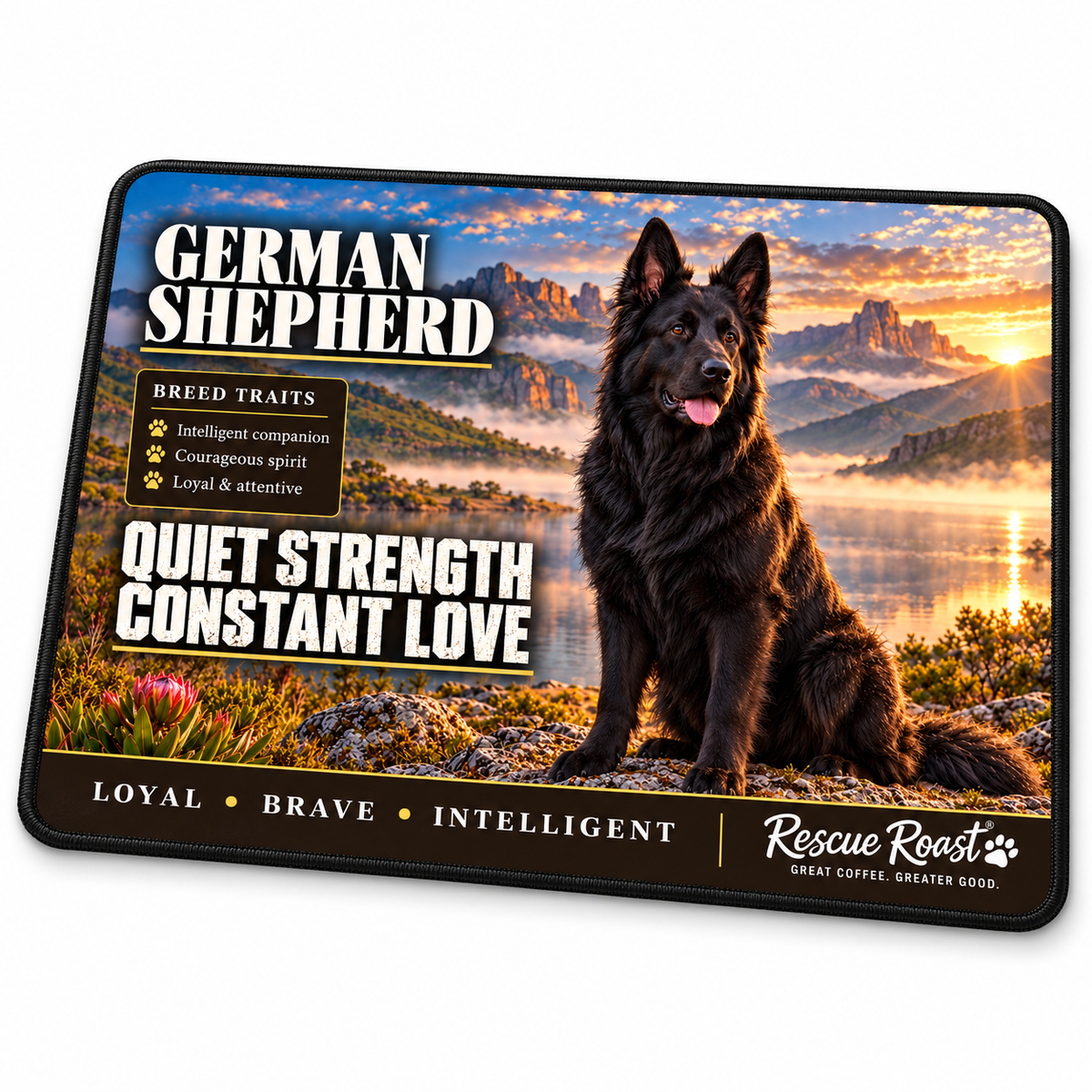 Rescue Roast® German Shepherd mousepad: Black German Shepherd sitting beside a misty mountain lake, with the words “Quiet Strength, Constant Love”