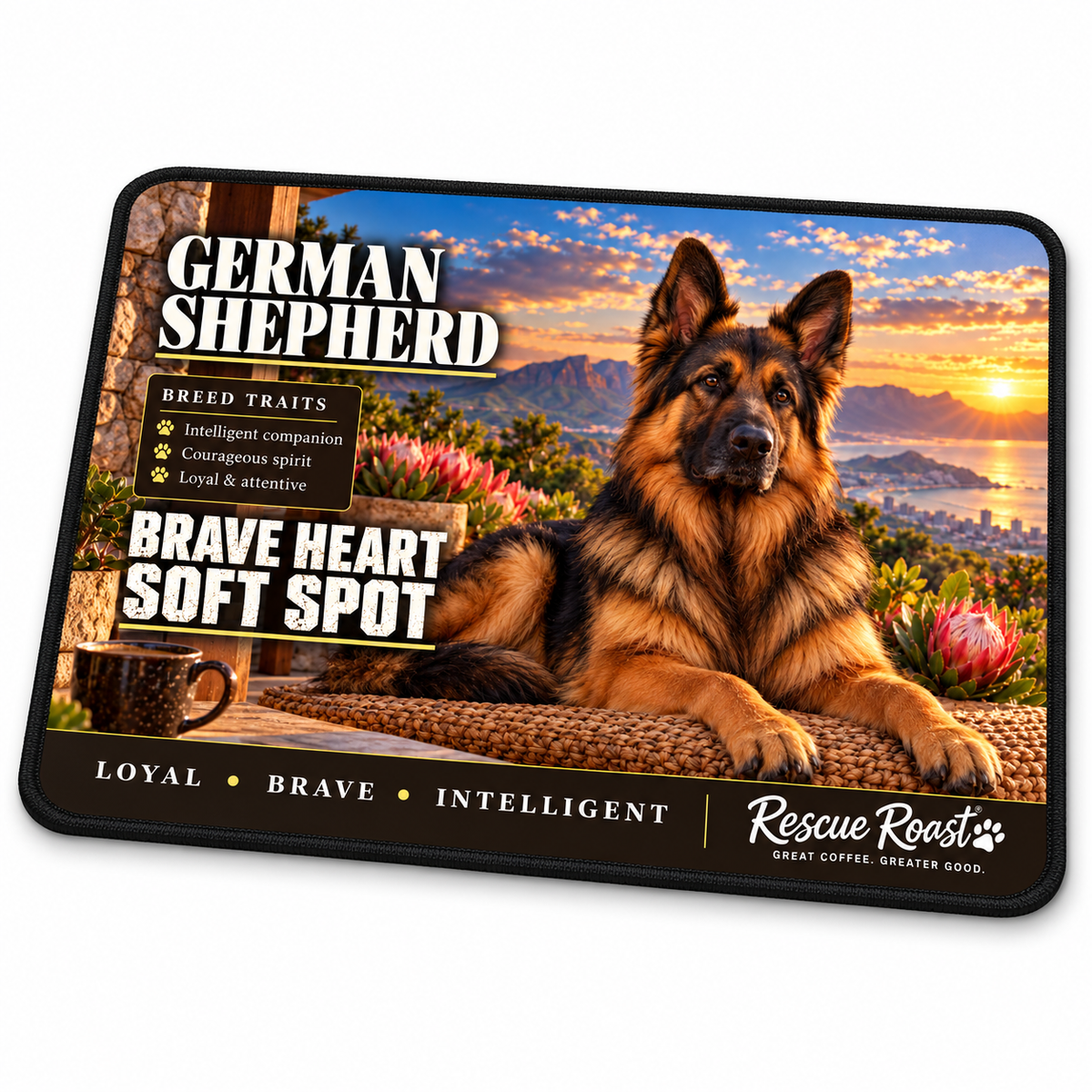 Rescue Roast® German Shepherd mousepad: Long-haired German Shepherd resting beside coffee and proteas on a veranda, with the words “Brave Heart, Soft Spot”