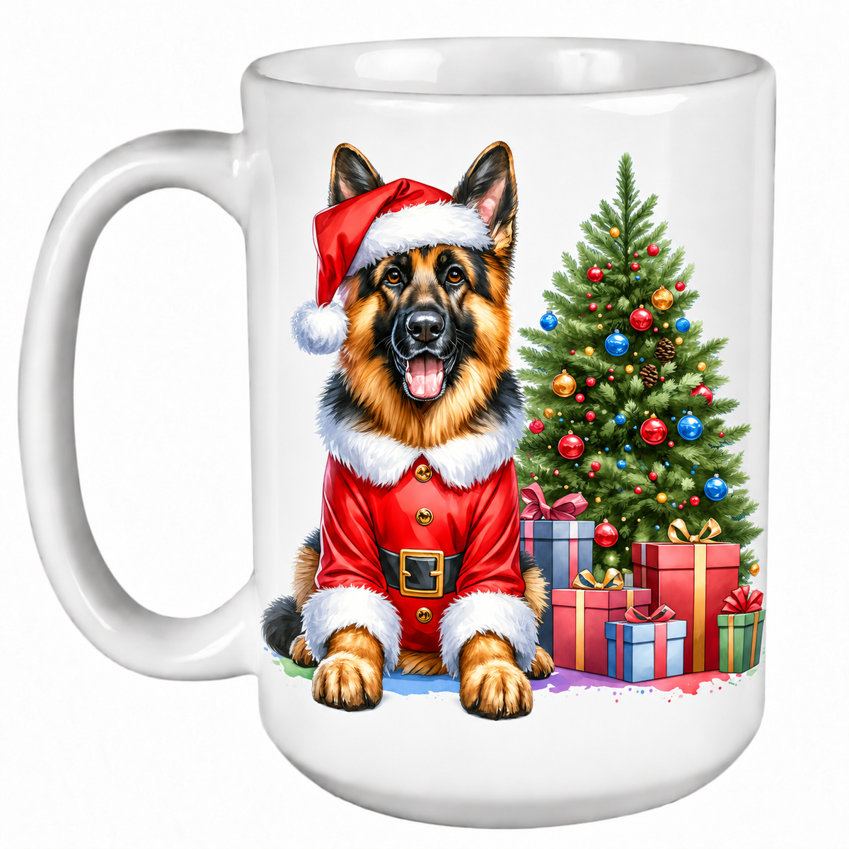 Rescue Roast® 450ml white Christmas mug featuring a German Shepherd beside a decorated Christmas tree